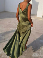 Satin V Neck Slit Maxi Dress