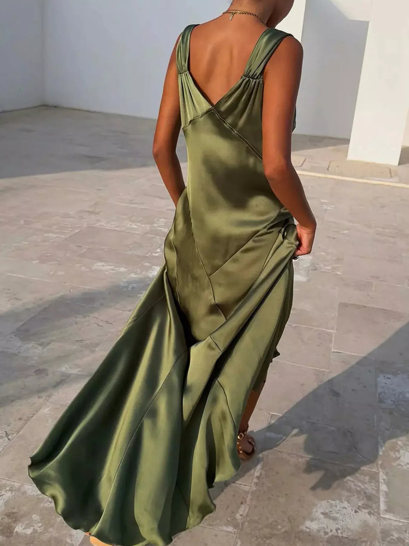 Satin V Neck Slit Maxi Dress