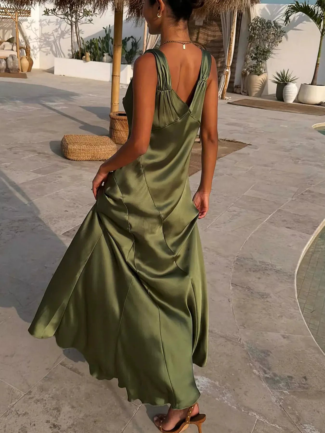 Satin V Neck Slit Maxi Dress