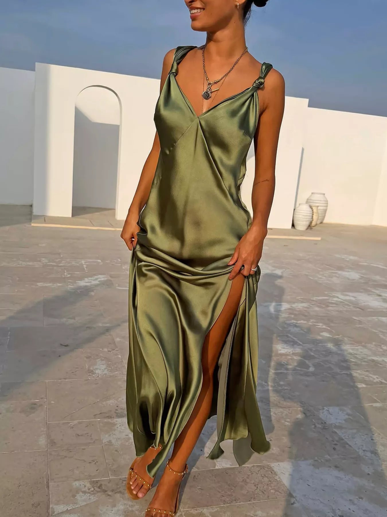 Satin V Neck Slit Maxi Dress Main image