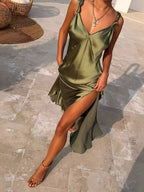 Satin V Neck Slit Maxi Dress