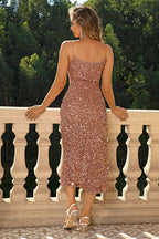 Sequin Cami Midi Dress with Sculpted Fit and High Slit Detail
