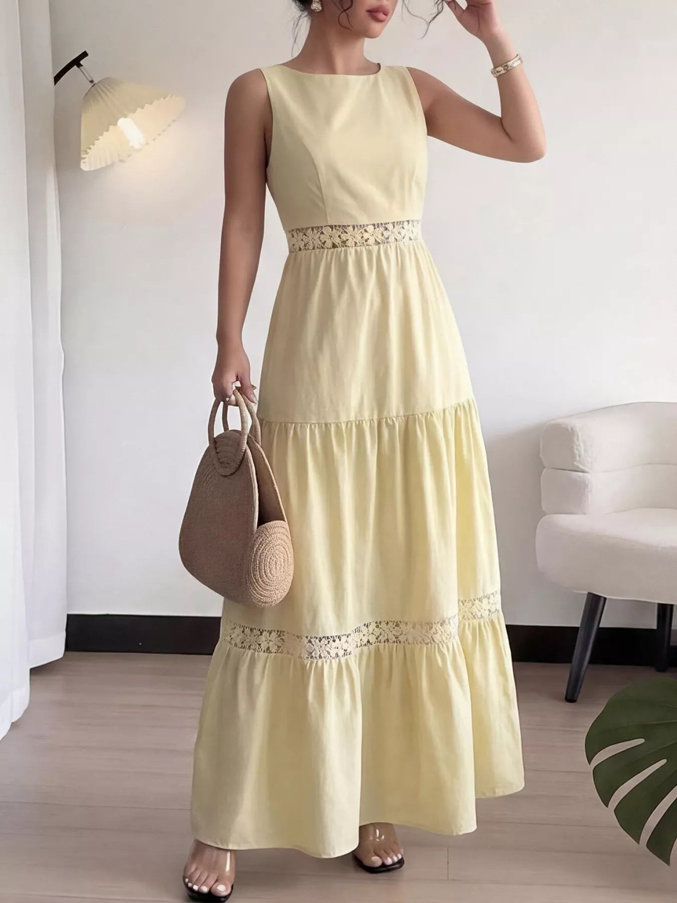 Sleeveless Lace Trim Maxi Dress