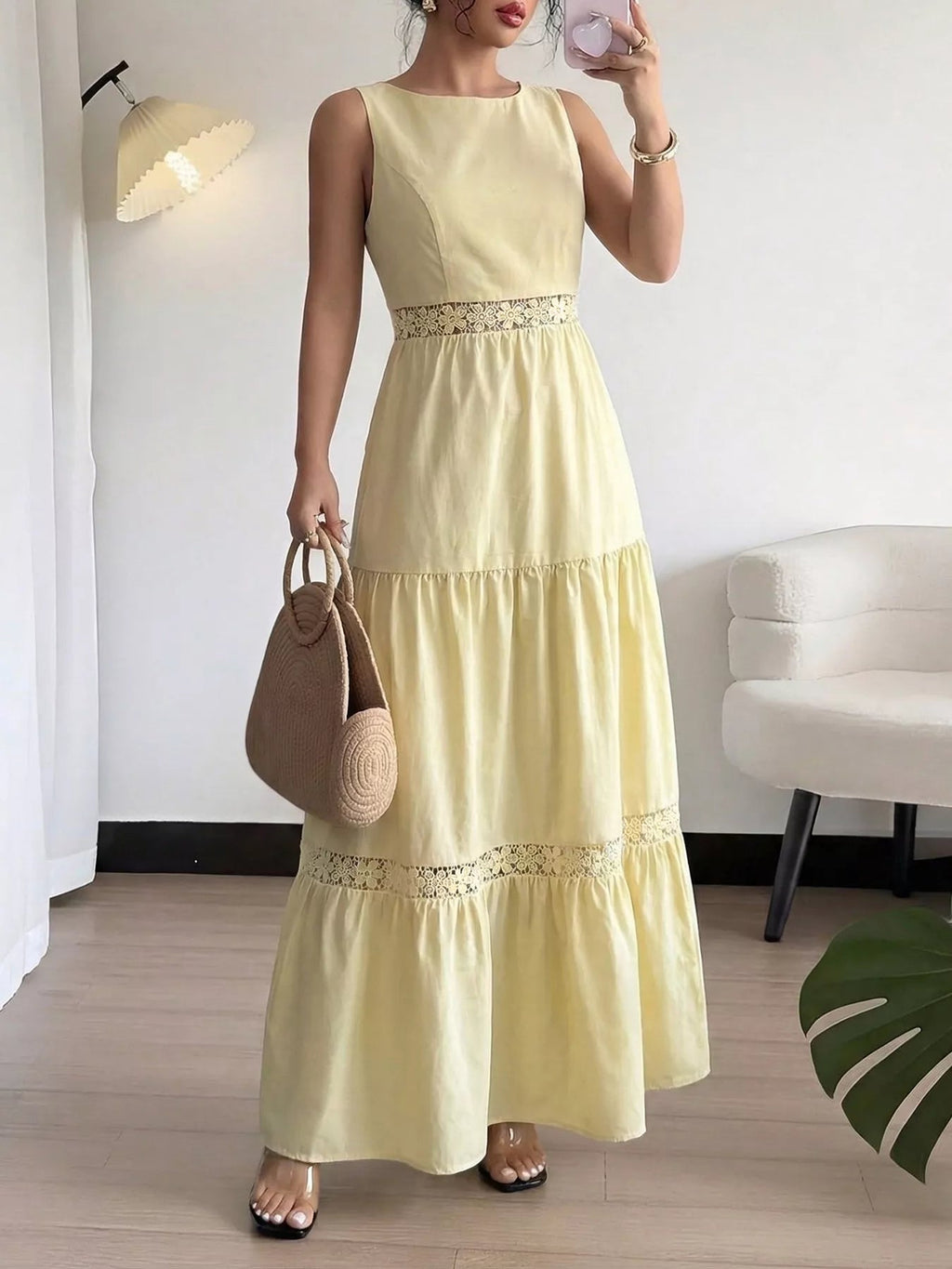 Sleeveless Lace Trim Maxi Dress