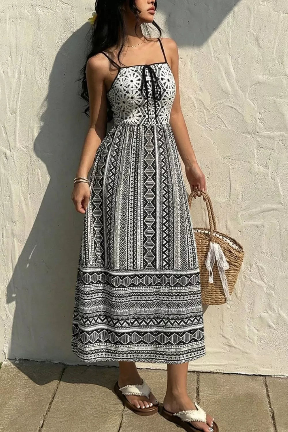 Square Neck Tie Front Midi Cami Dress