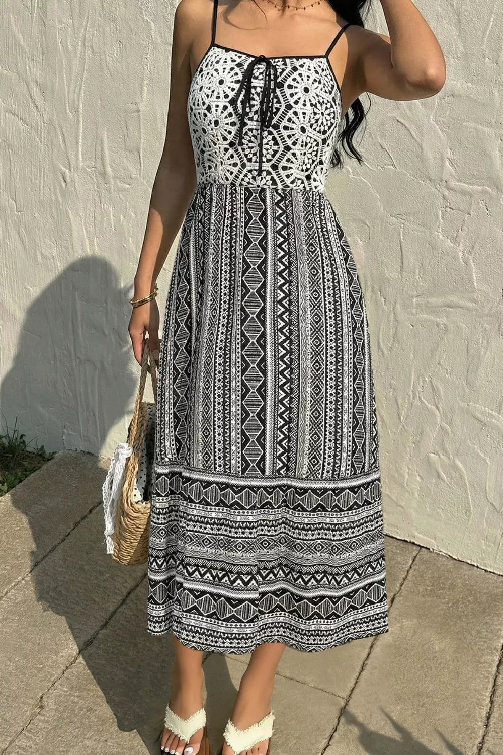 Square Neck Tie Front Midi Cami Dress