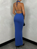 Stop-Staring Backless Sculpting Halter Lace-Up Maxi Dress