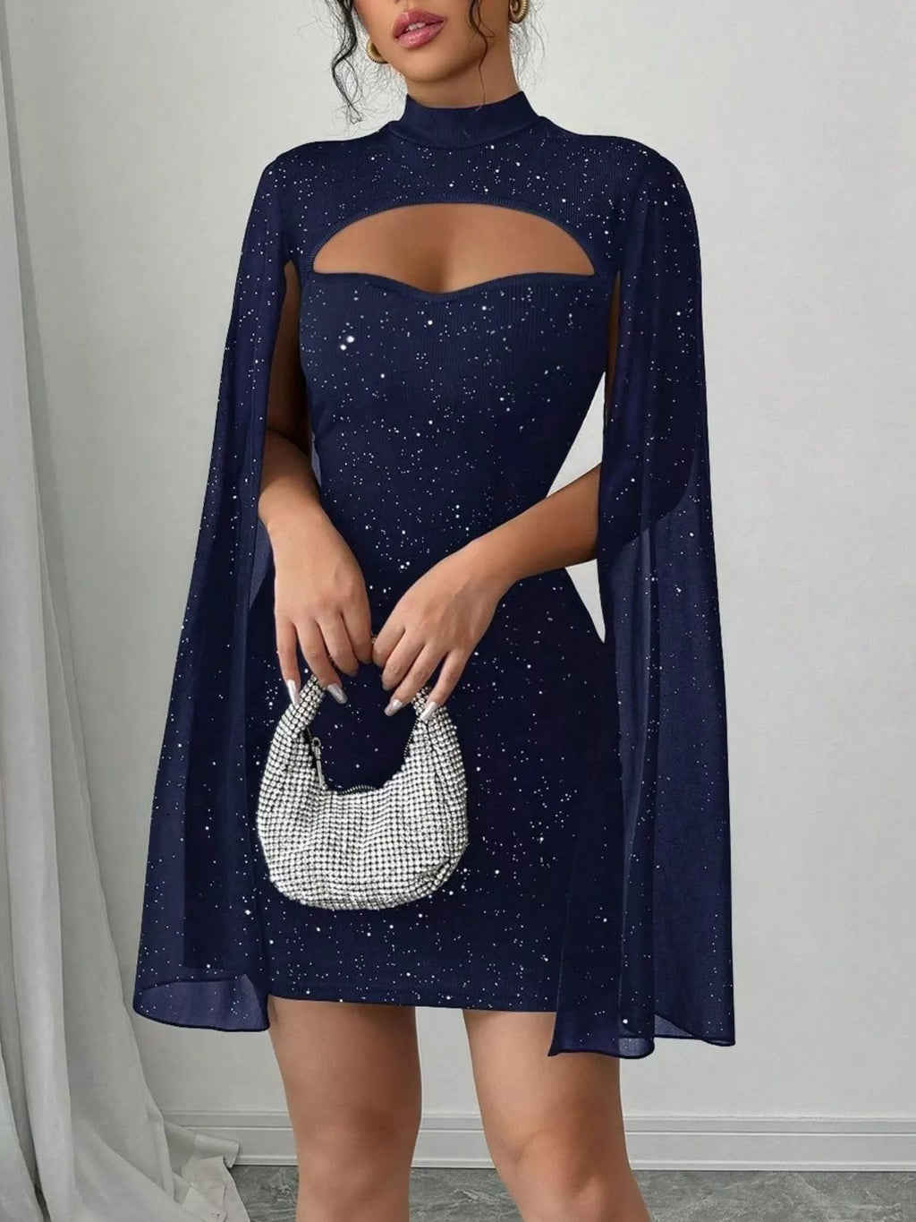 Stop-Staring Cutout Sculpting Glitter Cape Sleeve Mini Dress