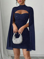 Stop-Staring Cutout Sculpting Glitter Cape Sleeve Mini Dress