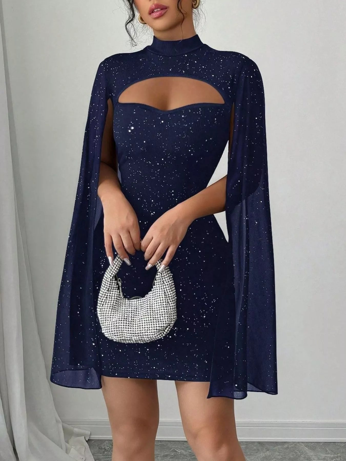 Stop-Staring Cutout Sculpting Glitter Cape Sleeve Mini Dress