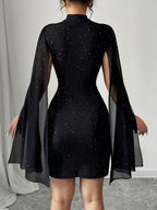 Stop-Staring Cutout Sculpting Glitter Cape Sleeve Mini Dress