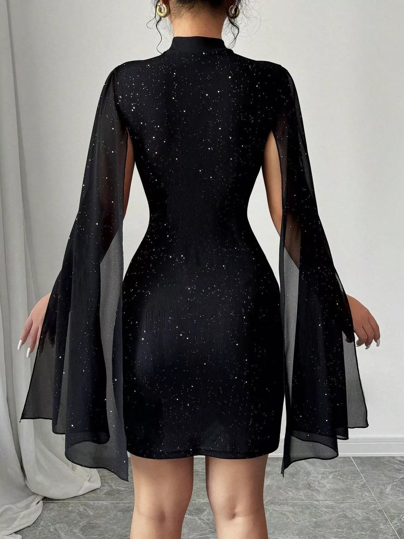 Stop-Staring Cutout Sculpting Glitter Cape Sleeve Mini Dress