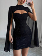 Stop-Staring Cutout Sculpting Glitter Cape Sleeve Mini Dress