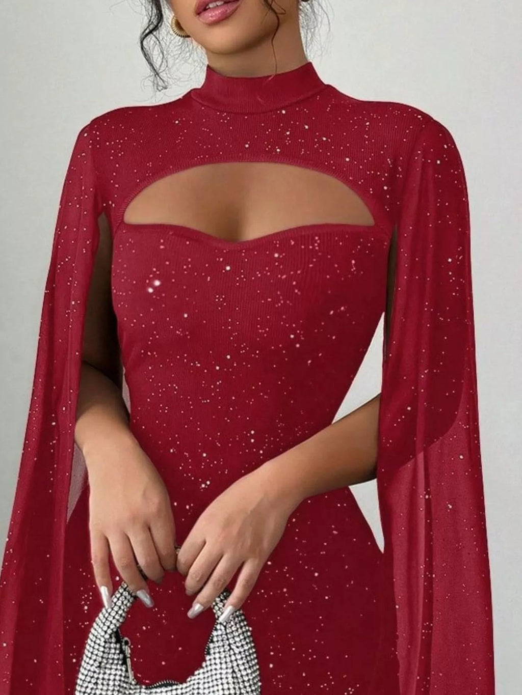 Stop-Staring Cutout Sculpting Glitter Cape Sleeve Mini Dress