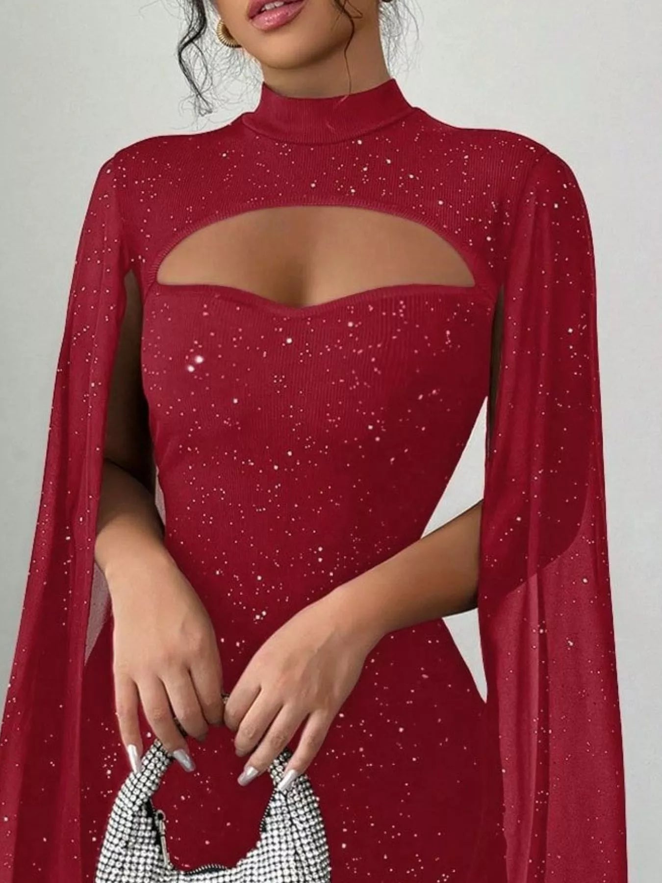 Stop-Staring Cutout Sculpting Glitter Cape Sleeve Mini Dress