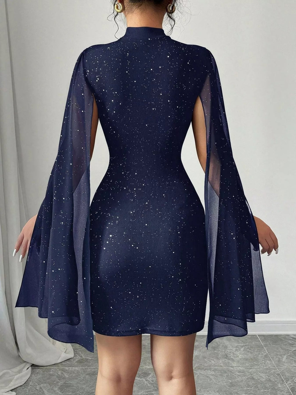 Stop-Staring Cutout Sculpting Glitter Cape Sleeve Mini Dress