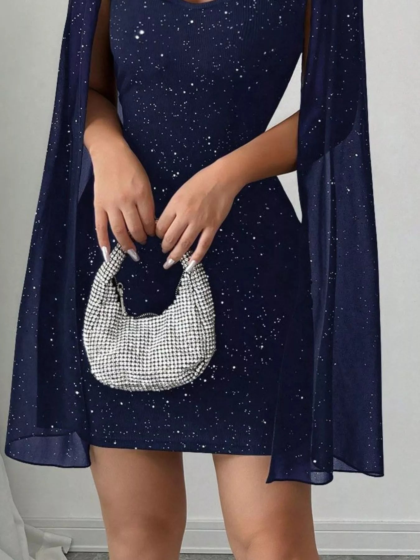Stop-Staring Cutout Sculpting Glitter Cape Sleeve Mini Dress