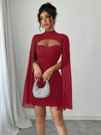 Stop-Staring Cutout Sculpting Glitter Cape Sleeve Mini Dress