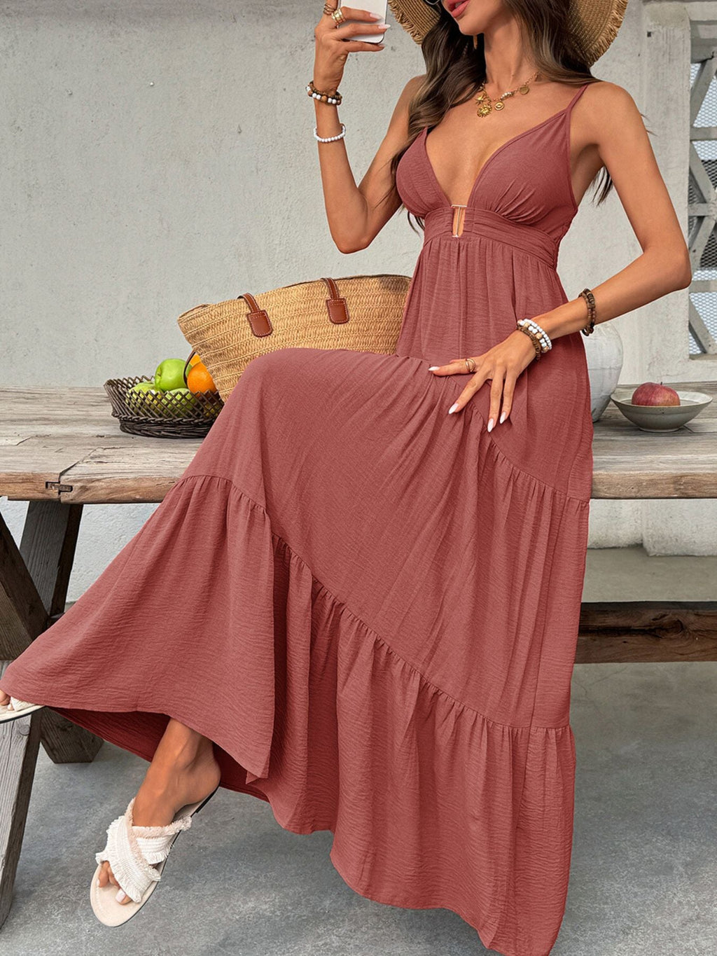 Stop-Staring Deep V Sculpting Tiered Flow Maxi Dress