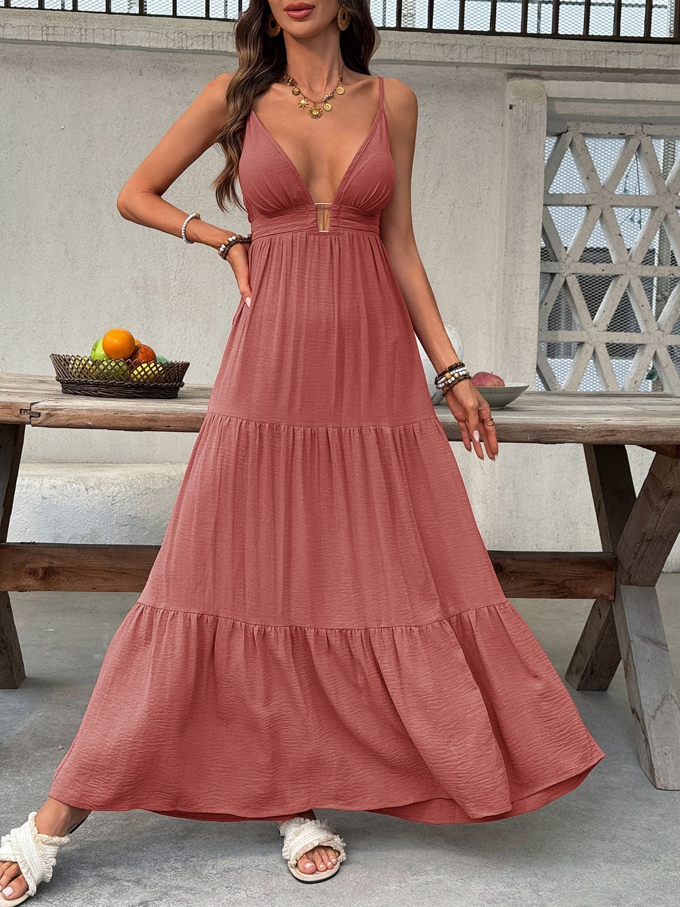 Stop-Staring Deep V Sculpting Tiered Flow Maxi Dress