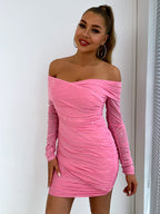 Stop-Staring Off Shoulder Glitter Ruched Sculpting Mini Dress