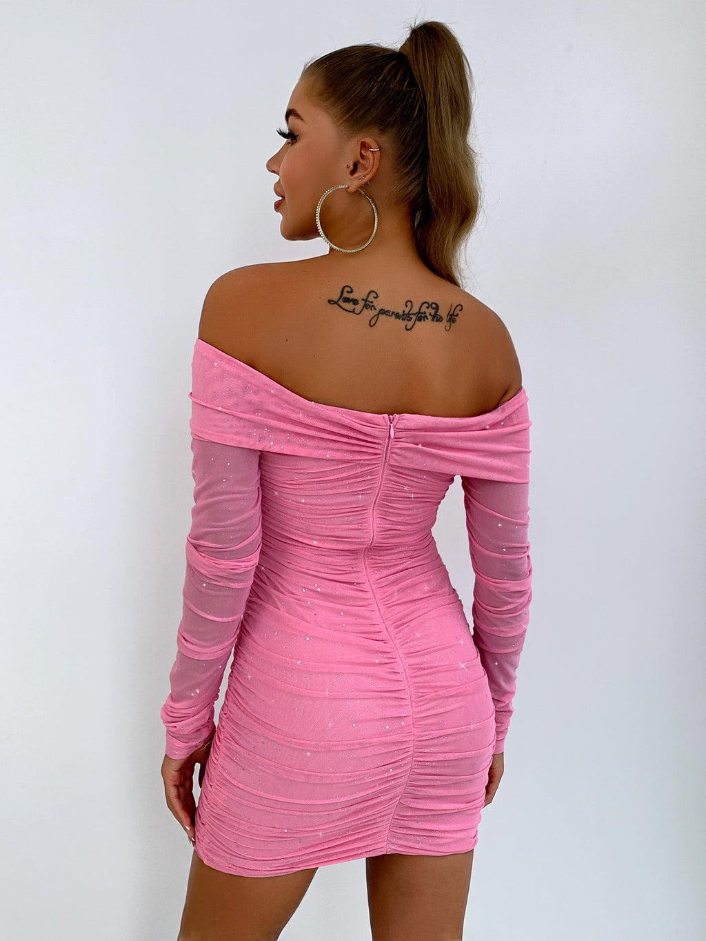 Stop-Staring Off Shoulder Glitter Ruched Sculpting Mini Dress