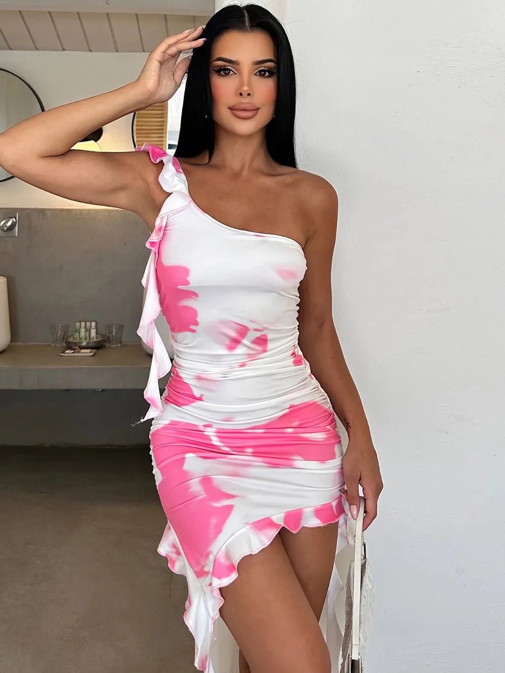 Stop-Staring One Shoulder Ruched Ruffle Tie-Dye Mini Dress
