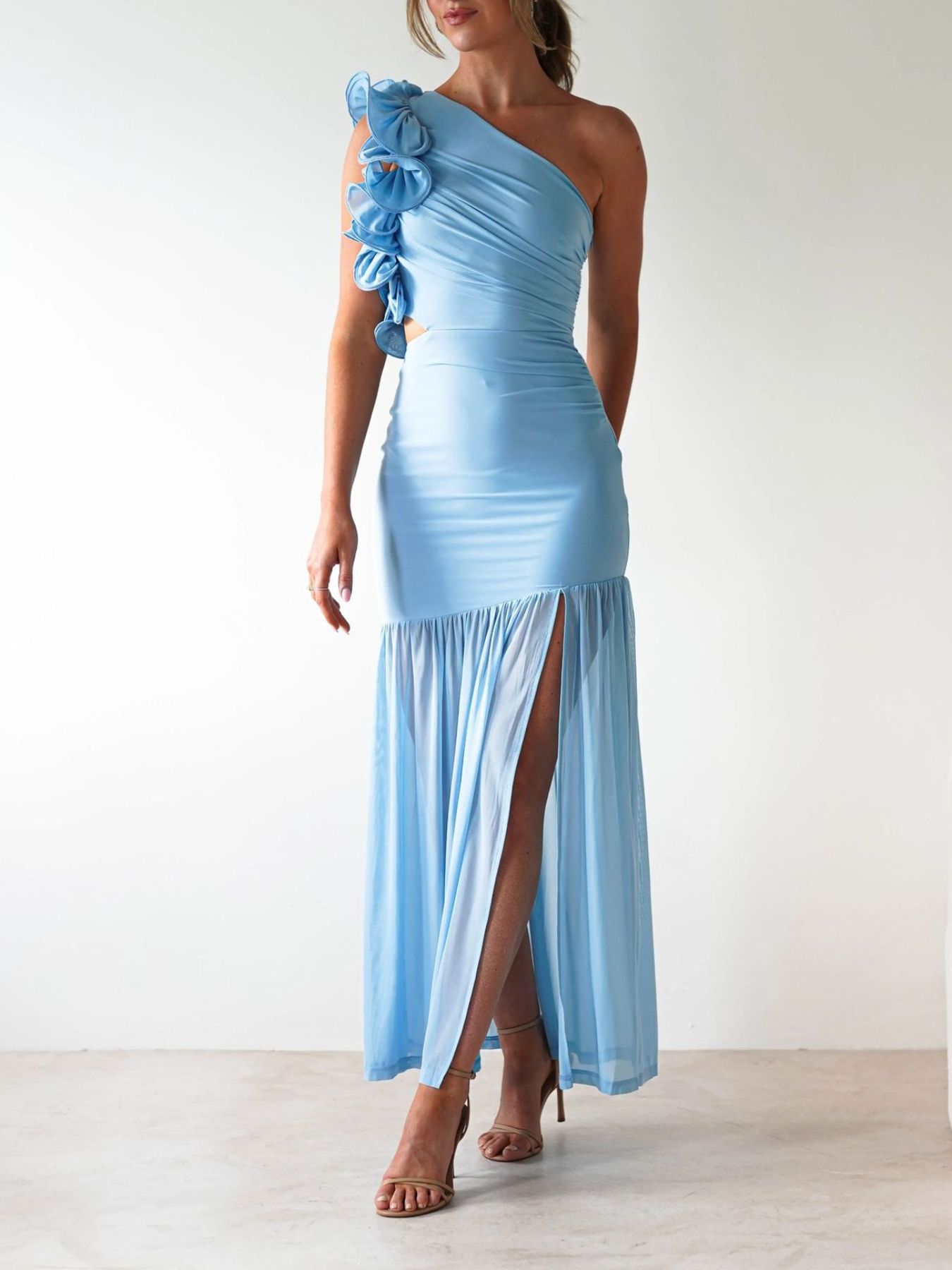 Stop-Staring One Shoulder Ruffle Sculpting Slit Maxi Dress