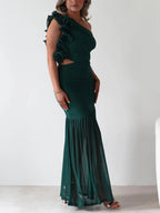 Stop-Staring One Shoulder Ruffle Sculpting Slit Maxi Dress