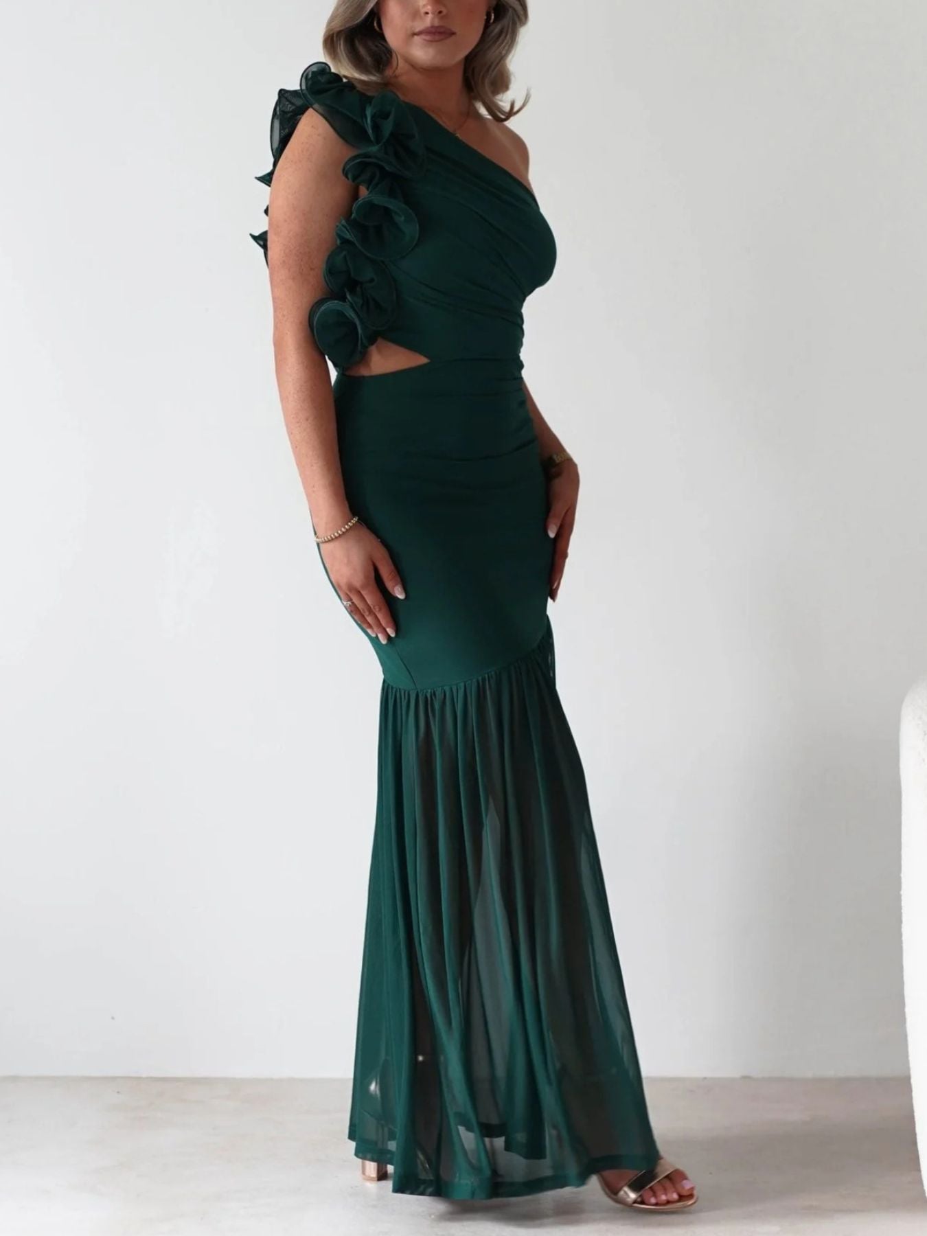 Stop-Staring One Shoulder Ruffle Sculpting Slit Maxi Dress
