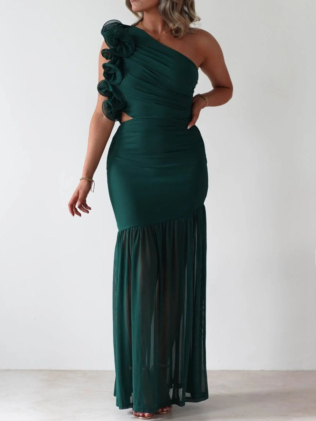 Stop-Staring One Shoulder Ruffle Sculpting Slit Maxi Dress