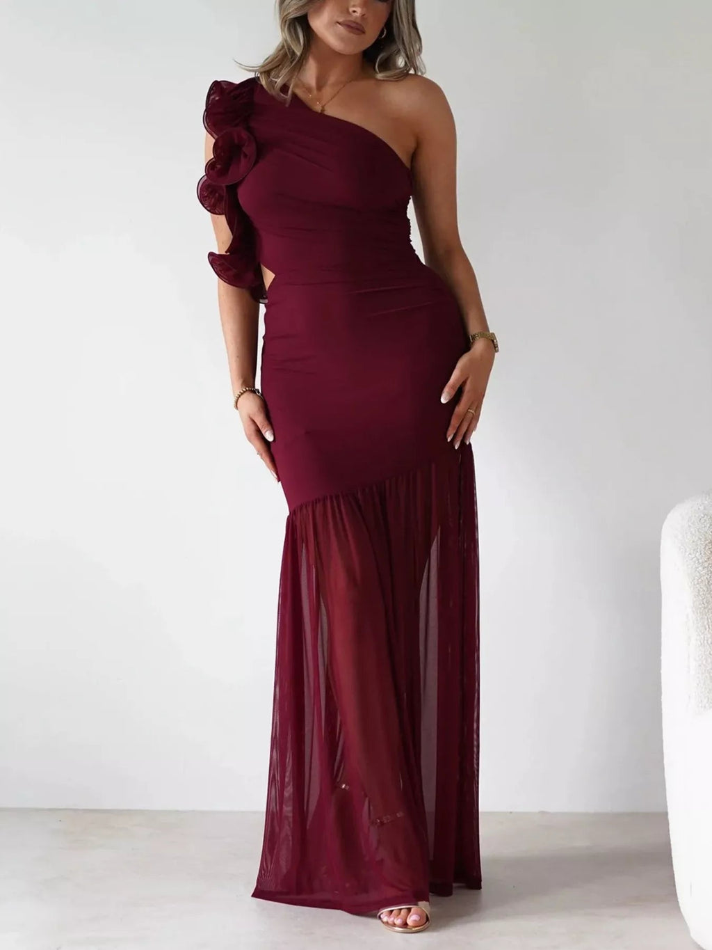 Stop-Staring One Shoulder Ruffle Sculpting Slit Maxi Dress