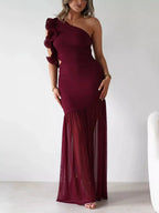 Stop-Staring One Shoulder Ruffle Sculpting Slit Maxi Dress