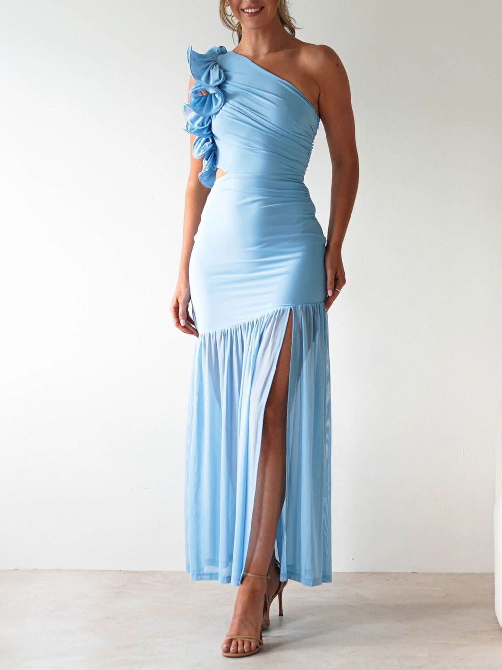 Stop-Staring One Shoulder Ruffle Sculpting Slit Maxi Dress