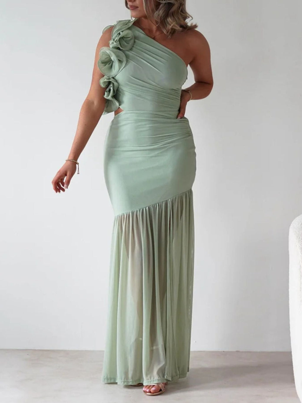 Stop-Staring One Shoulder Ruffle Sculpting Slit Maxi Dress