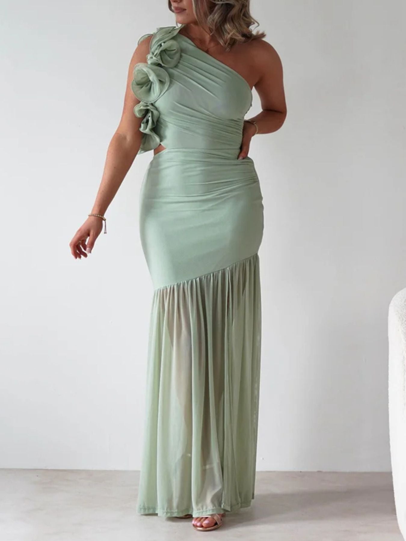 Stop-Staring One Shoulder Ruffle Sculpting Slit Maxi Dress