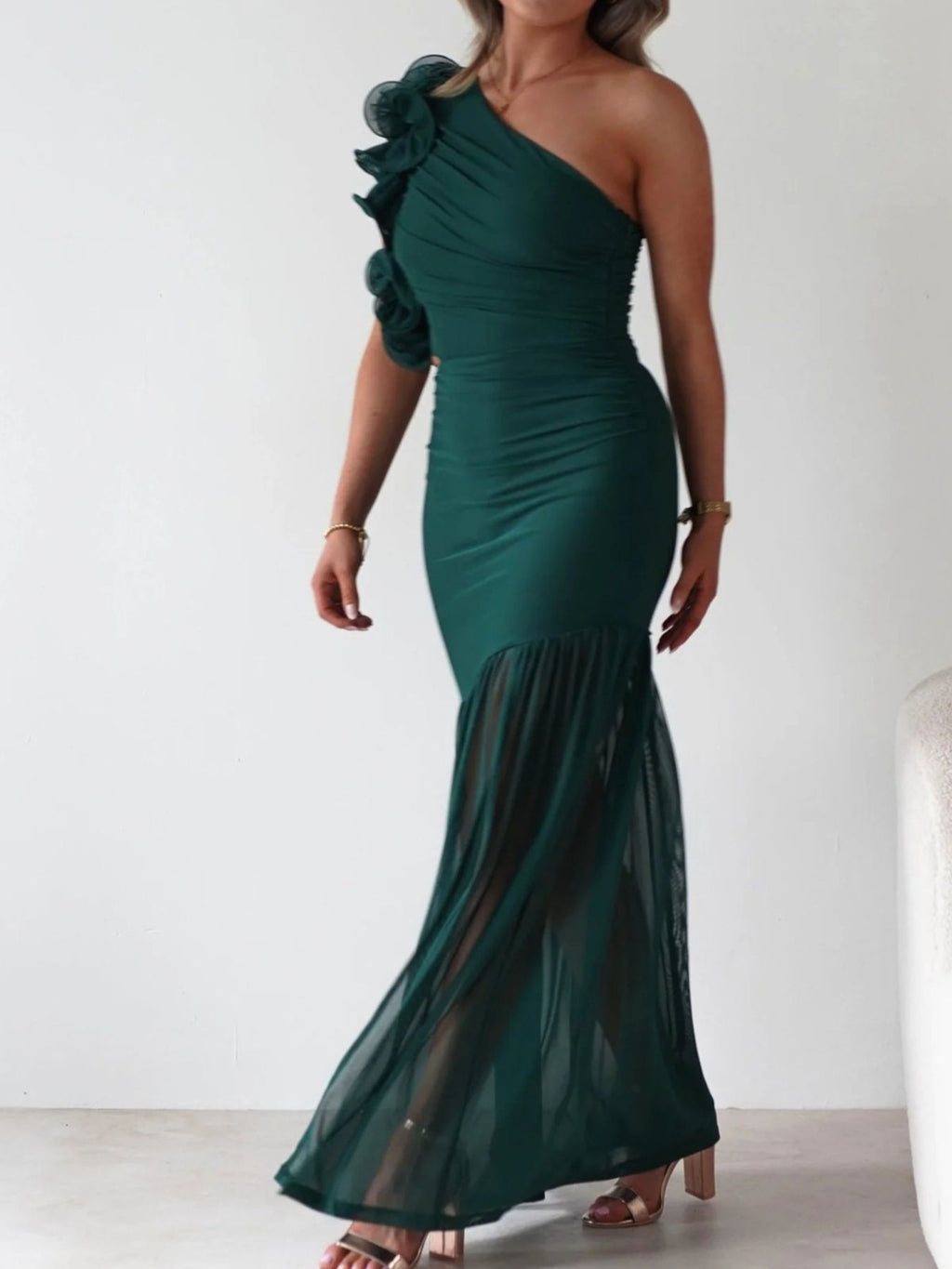 Stop-Staring One Shoulder Ruffle Sculpting Slit Maxi Dress