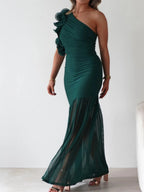Stop-Staring One Shoulder Ruffle Sculpting Slit Maxi Dress