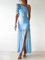 Stop-Staring One Shoulder Ruffle Sculpting Slit Maxi Dress