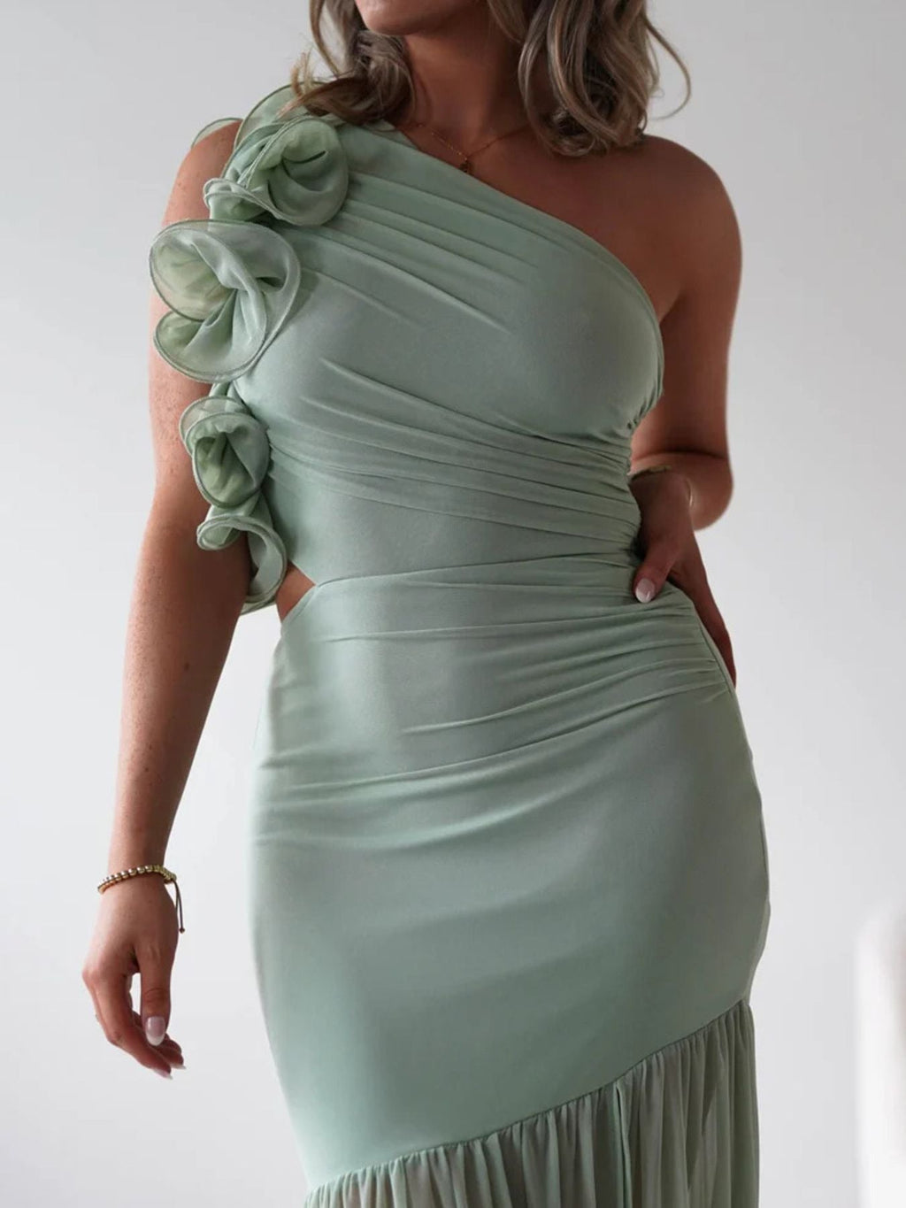 Stop-Staring One Shoulder Ruffle Sculpting Slit Maxi Dress