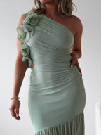 Stop-Staring One Shoulder Ruffle Sculpting Slit Maxi Dress