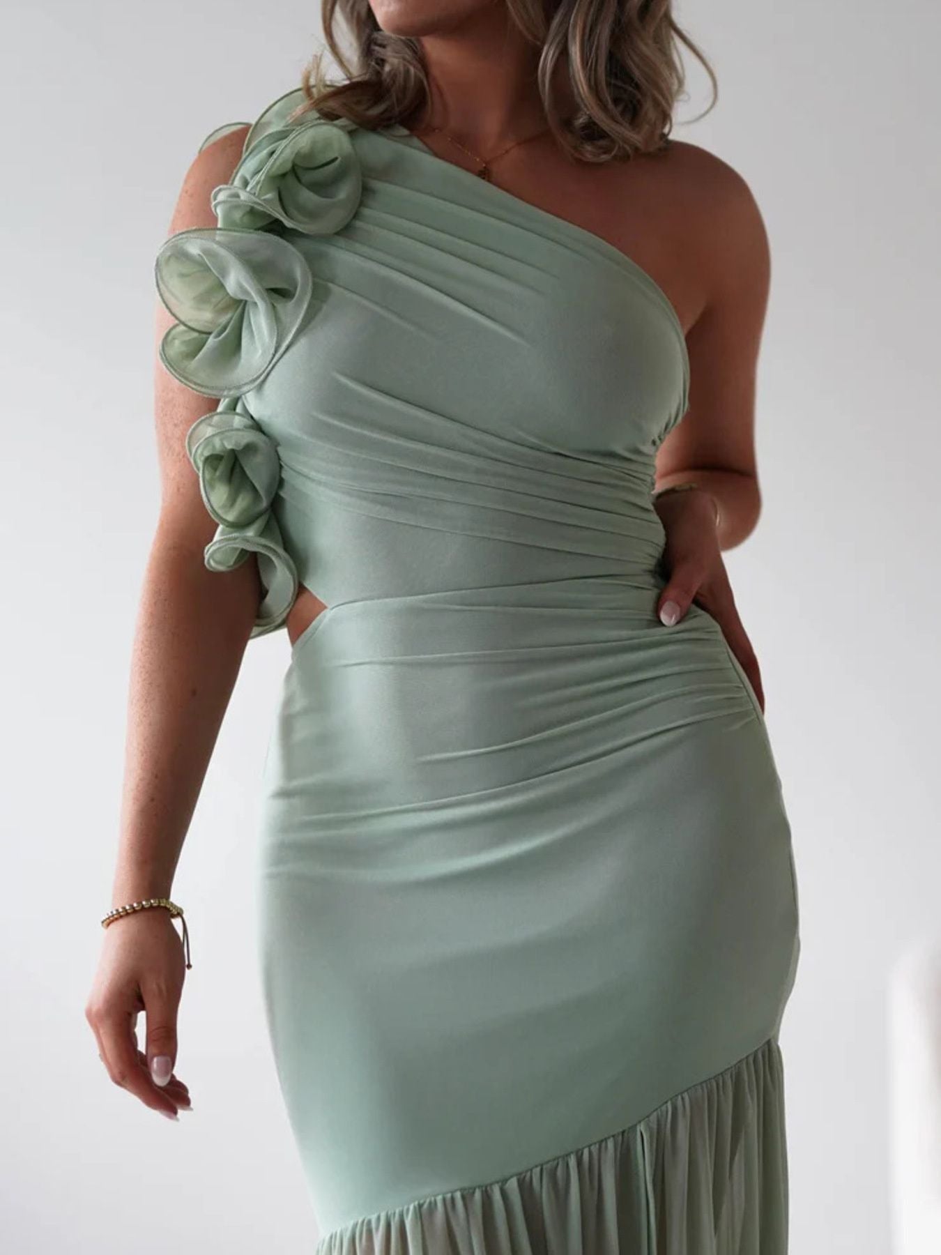 Stop-Staring One Shoulder Ruffle Sculpting Slit Maxi Dress