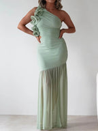 Stop-Staring One Shoulder Ruffle Sculpting Slit Maxi Dress