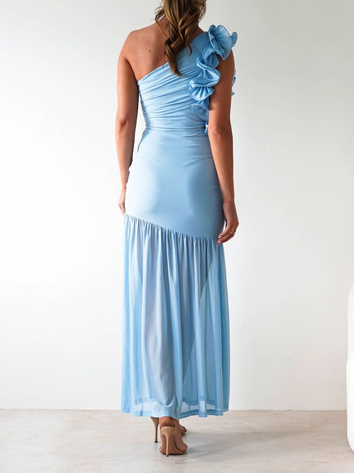 Stop-Staring One Shoulder Ruffle Sculpting Slit Maxi Dress
