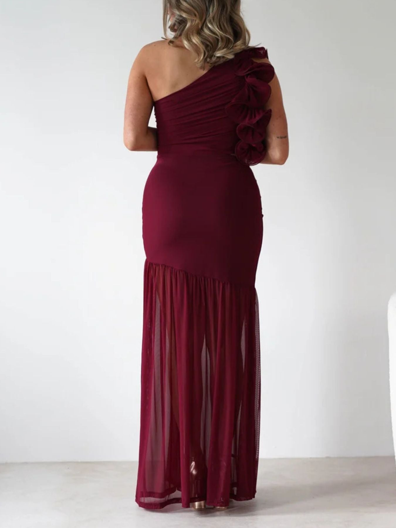 Stop-Staring One Shoulder Ruffle Sculpting Slit Maxi Dress