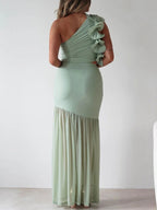 Stop-Staring One Shoulder Ruffle Sculpting Slit Maxi Dress