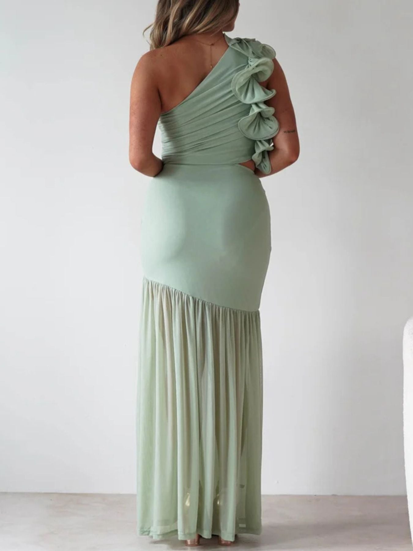 Stop-Staring One Shoulder Ruffle Sculpting Slit Maxi Dress
