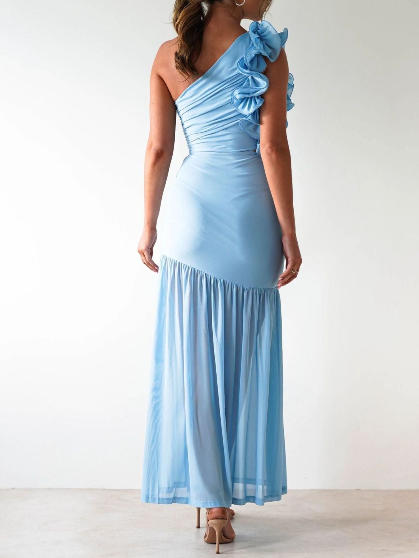 Stop-Staring One Shoulder Ruffle Sculpting Slit Maxi Dress