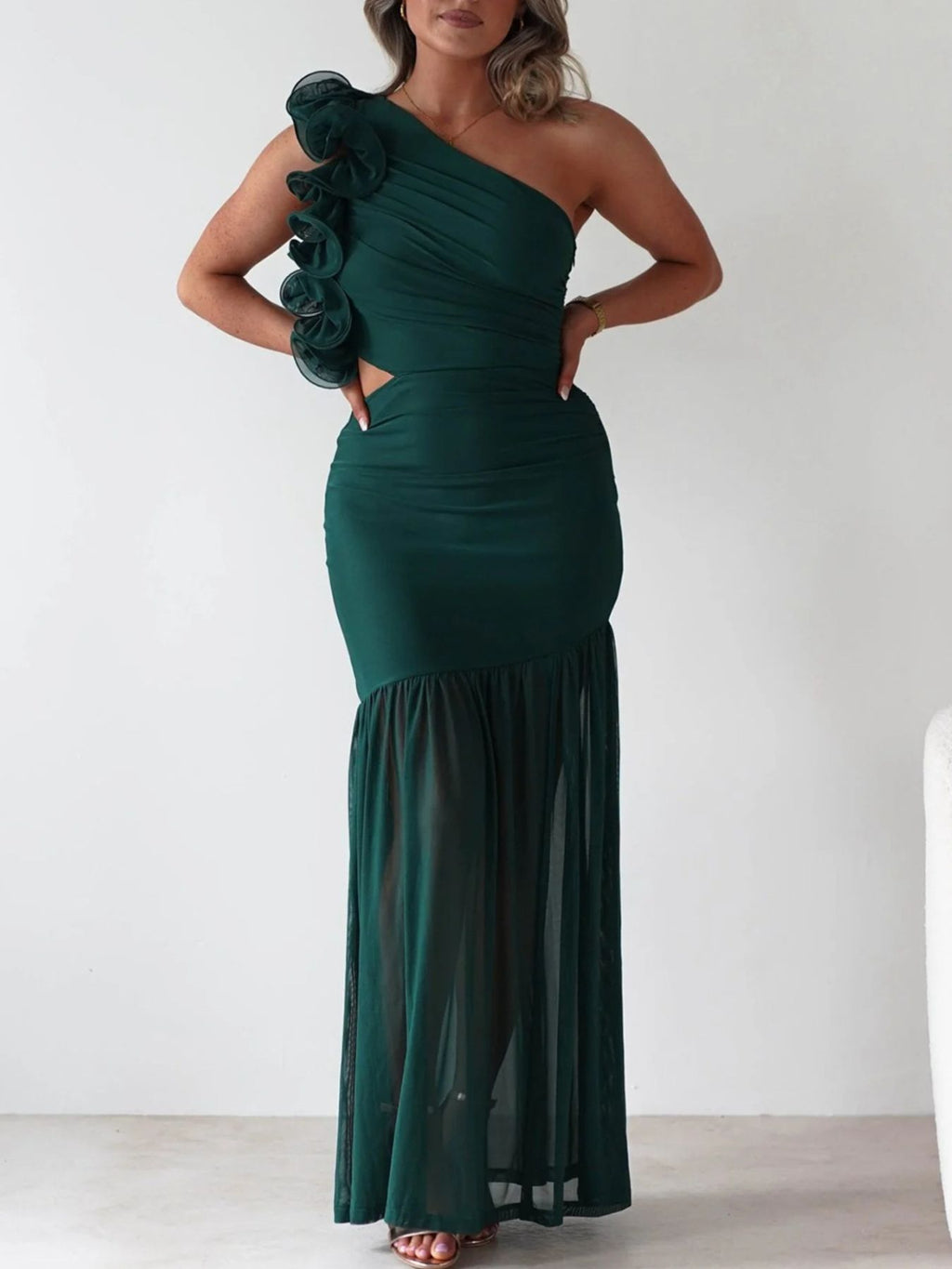 Stop-Staring One Shoulder Ruffle Sculpting Slit Maxi Dress