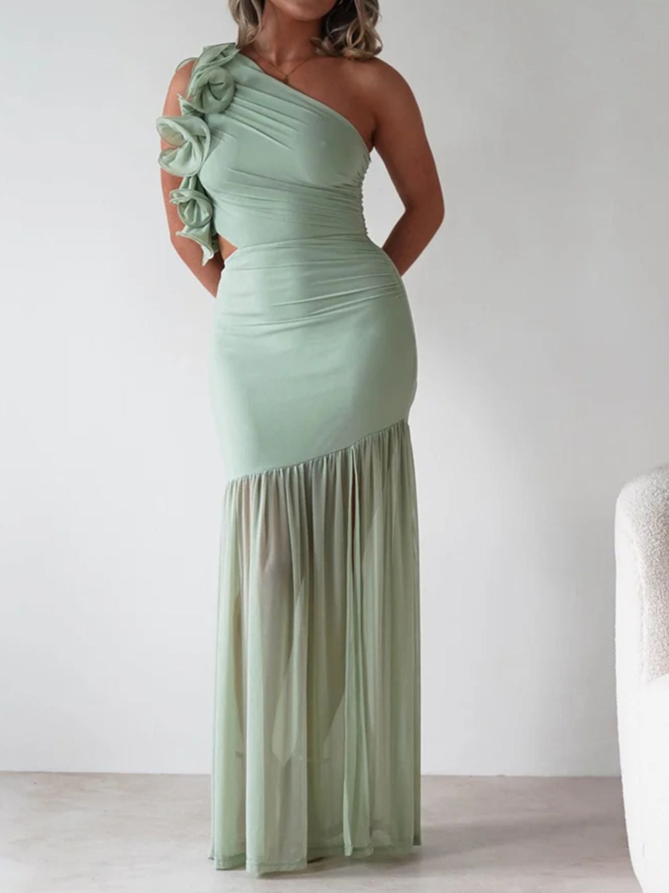 Stop-Staring One Shoulder Ruffle Sculpting Slit Maxi Dress